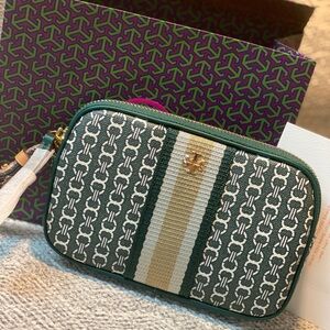 Tory Burch Gemini Link Green and White Striped Crossbody Bag